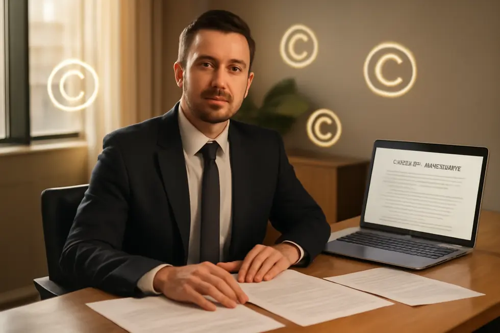 A businessperson at a desk handling contracts and publishing agreements with visible copyright icons, symbolizing agreement copyright management.