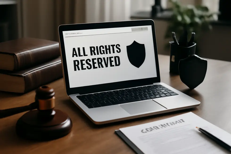 Business workspace featuring laptop showing all rights reserved website with legal books and copyright symbol.