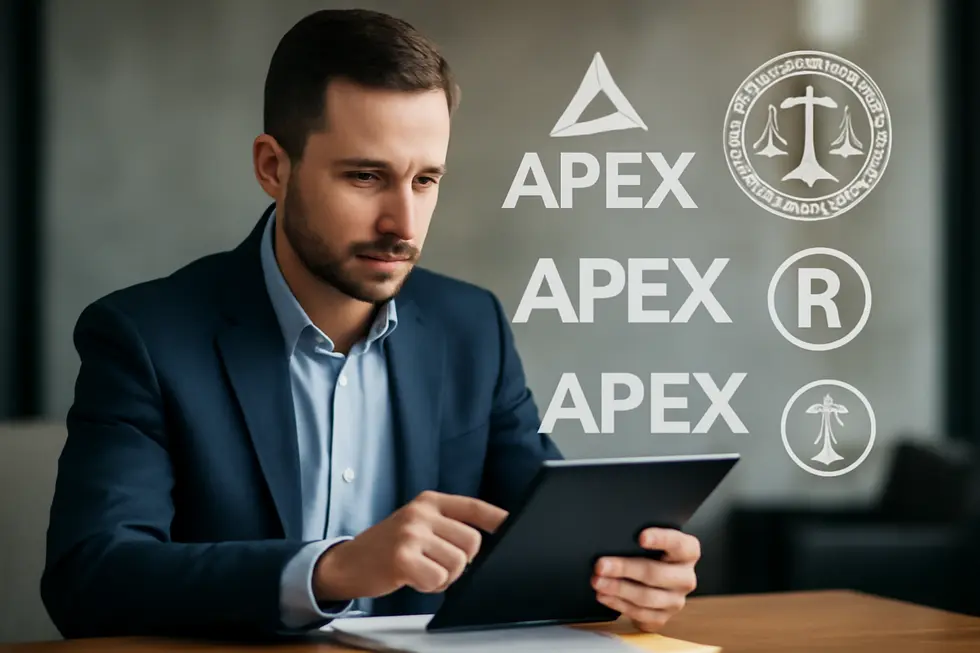 Business owner holding tablet showing trademark registration info, with logos of Apex companies and official trademark symbols in the background.