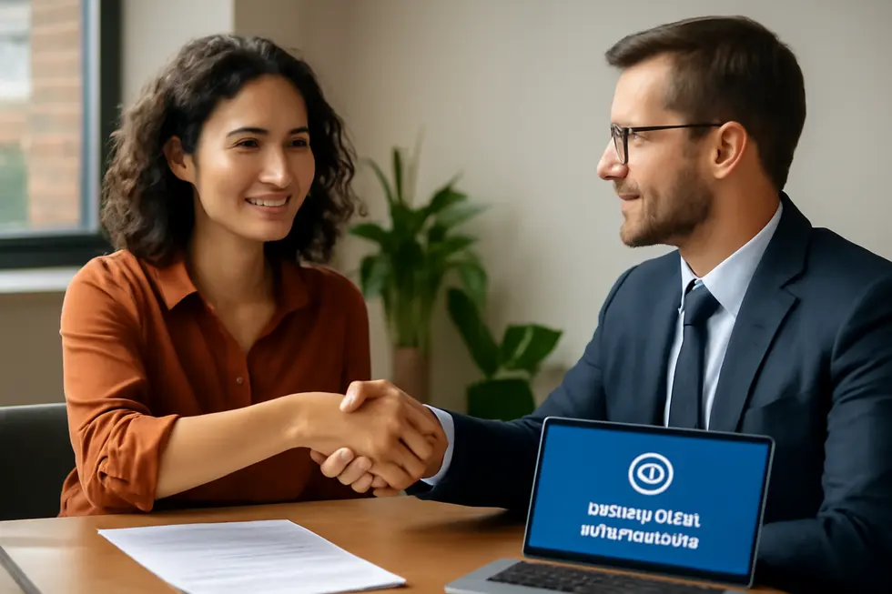 A business owner shaking hands with a trademark lawyer in an office setting with trademark documents visible.