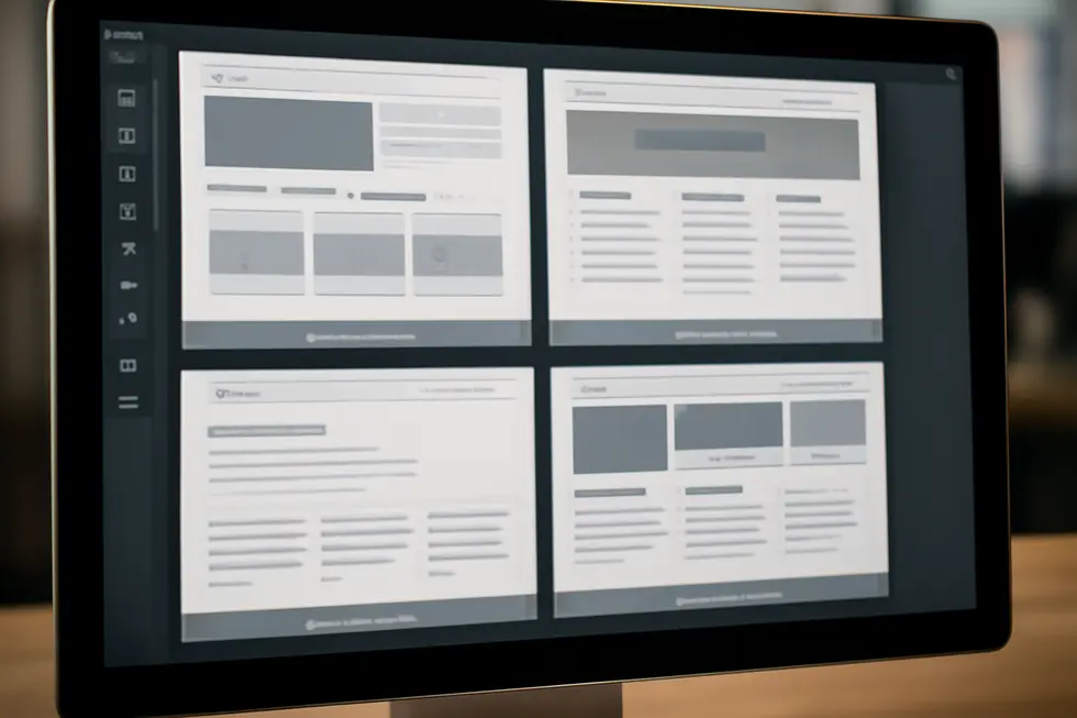 A business owner reviewing a website footer showing the essential elements of copyright text.