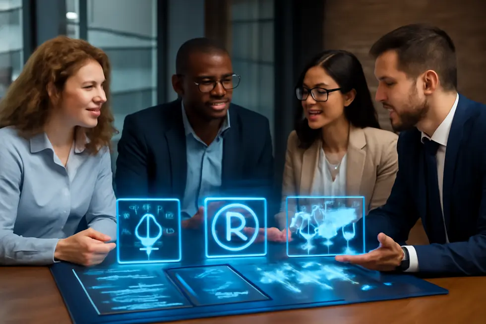 A group of business professionals and IP lawyers working together surrounded by digital displays of patents, trademarks, and global maps.