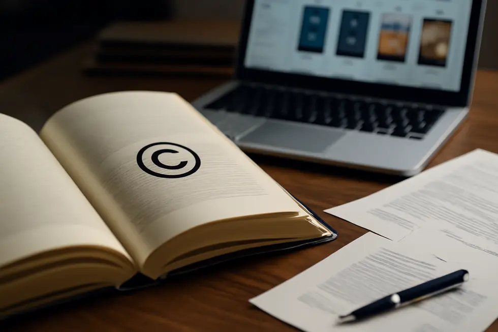 Open book with copyright page next to a laptop and business documents, representing intellectual property protection.