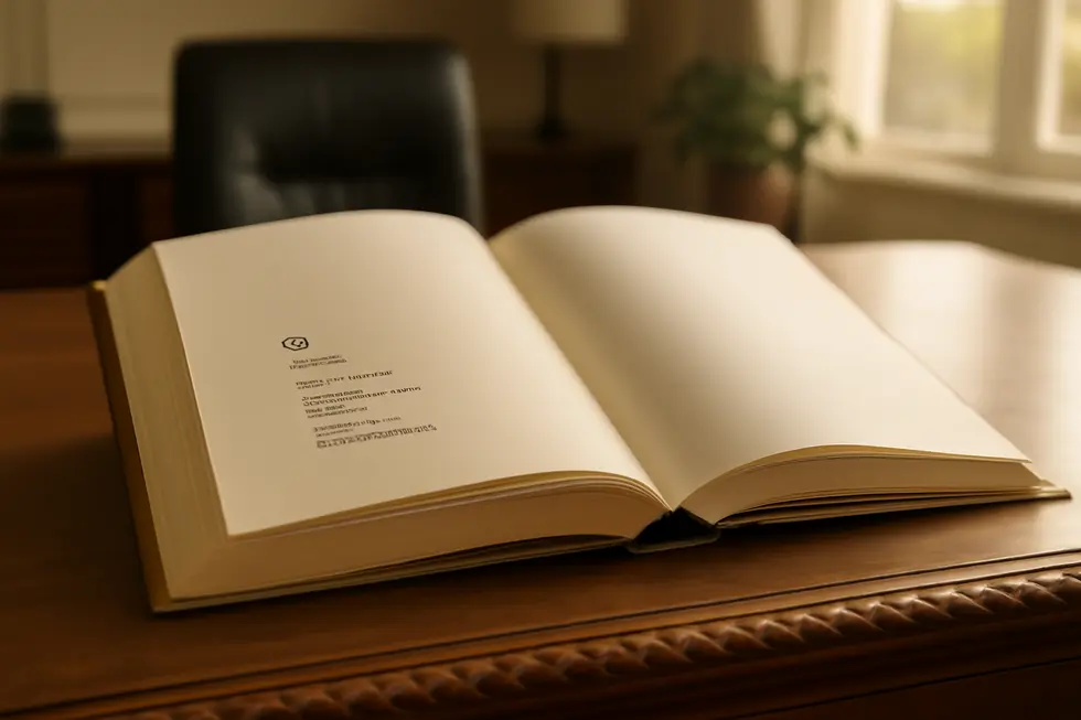 Photo-realistic image of an open book on a wooden desk displaying the copyright page with copyright symbol, year, publisher info, and ISBN.