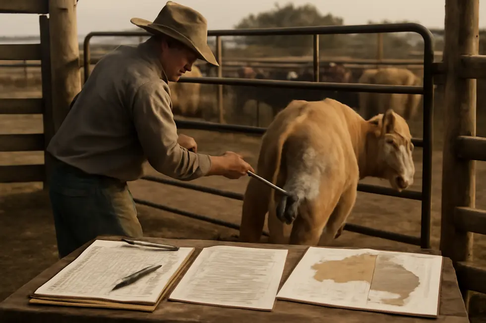 Illustration of cattle branding in a corral paired with legal paperwork emphasizing ownership and compliance.