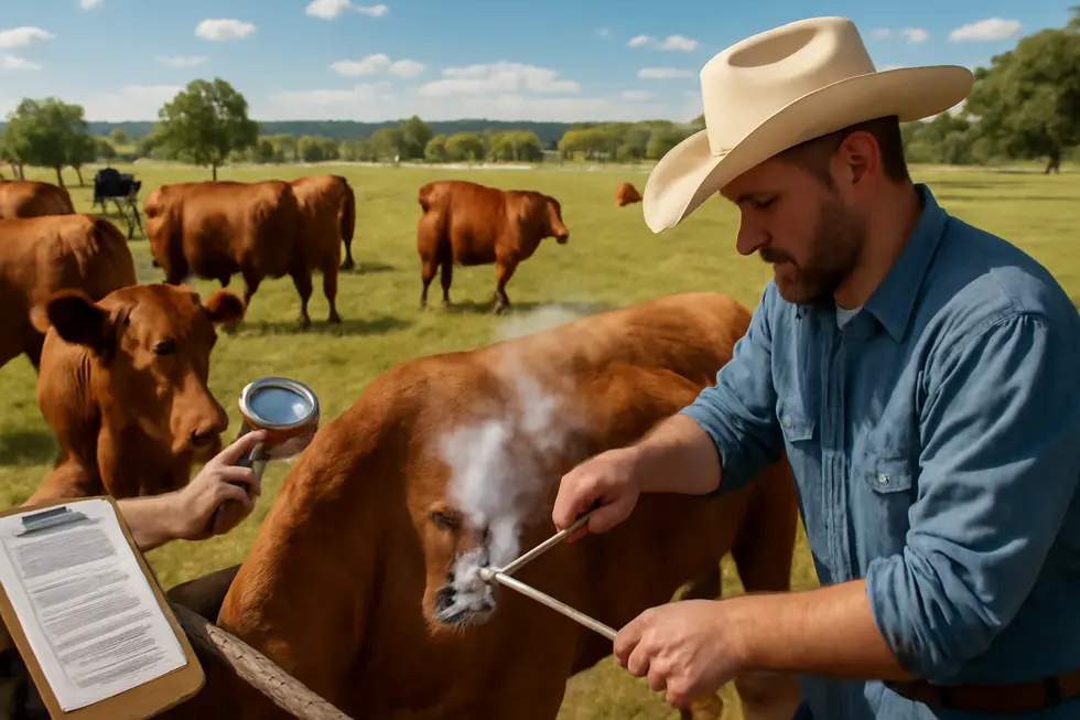 Wide view of a cattle ranch with branded cattle, a rancher branding an animal, electronic tag scanning, and legal papers on clipboard.