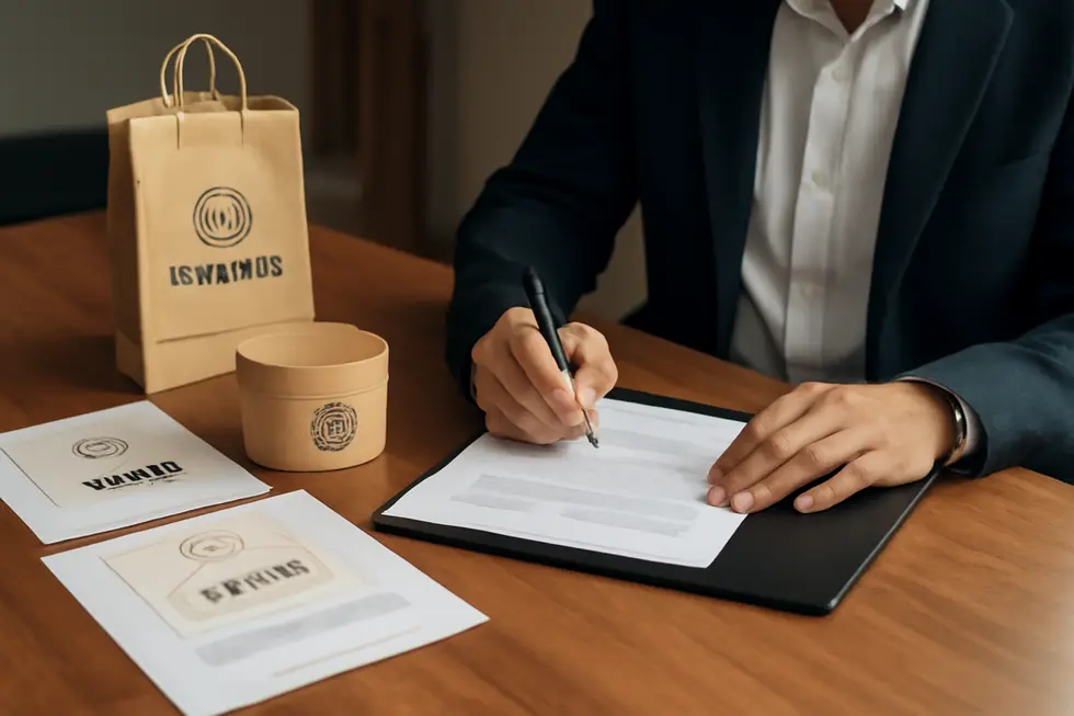 Business owner signing registration documents with brand development materials displayed nearby, illustrating business name and brand name differences.