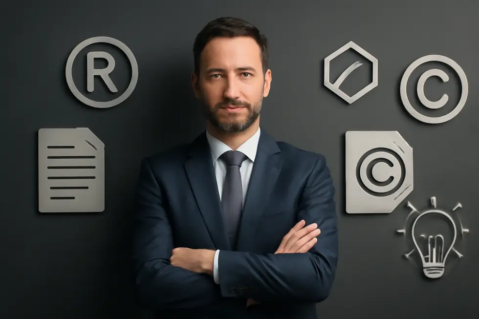 Confident business owner in office surrounded by icons representing trademark and copyright protection.