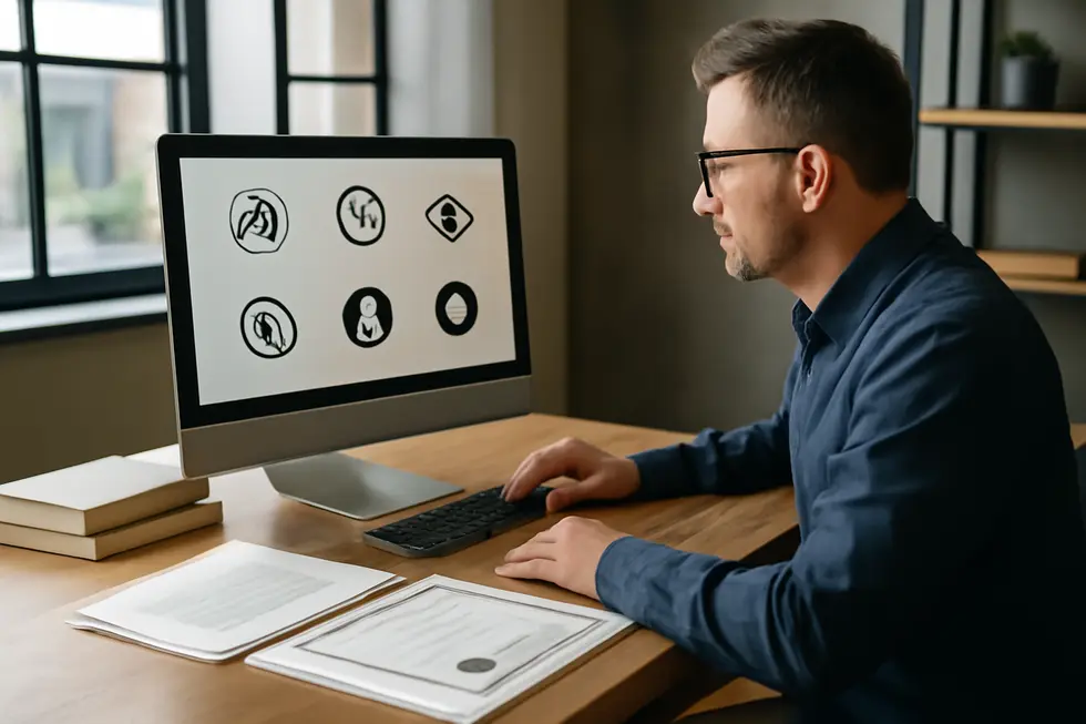 A business owner assessing brand logos while considering legal trademark protection.