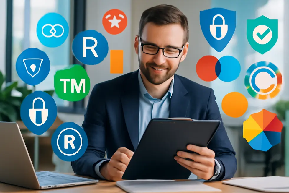 Businessperson reviewing trademark documents with logos and digital protection symbols in a modern office environment