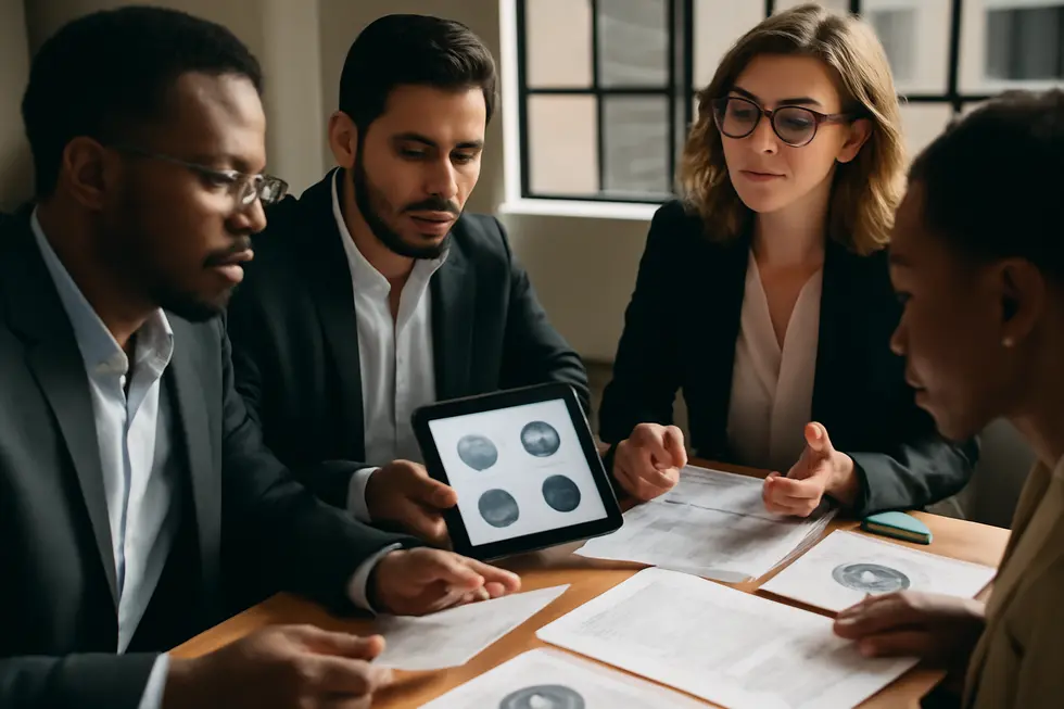 A group of diverse entrepreneurs examining brand logos and trademark paperwork around a table in a modern office.