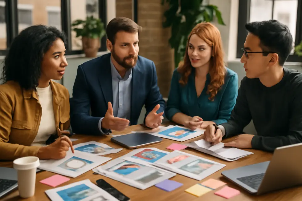A diverse group of businesspeople working together with creative and digital materials, illustrating copyright protection in business.
