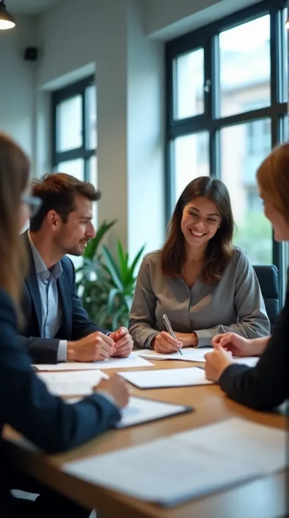 A professional meeting discussing various fee structures with legal documents.