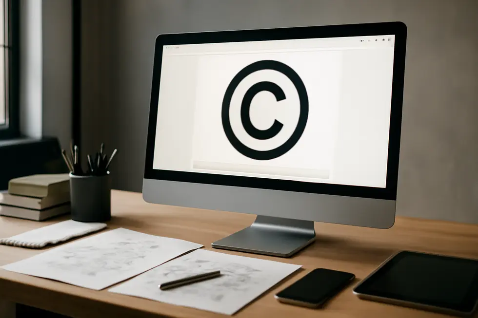 Modern business desk with a computer showing copyright information on a website, surrounded by creative and legal work tools.