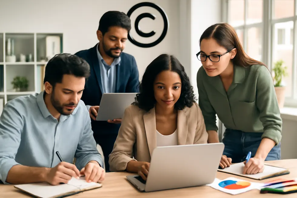 Diverse business team collaborating in modern office, symbolizing instant copyright protection of creative work.