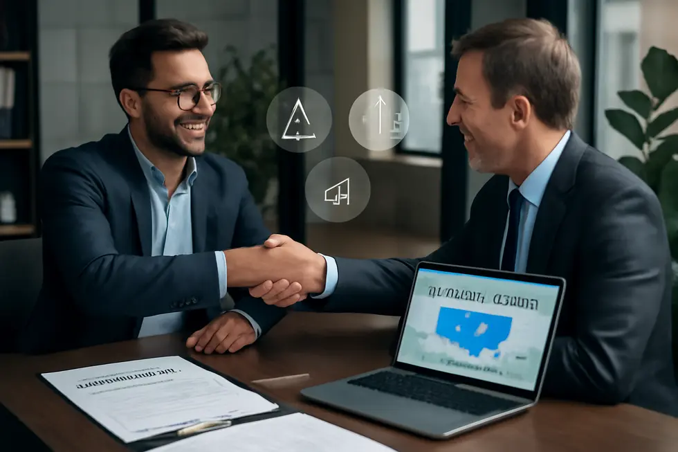 Business owner shaking hands with a consultant amid legal documents and digital business tools in an office environment.