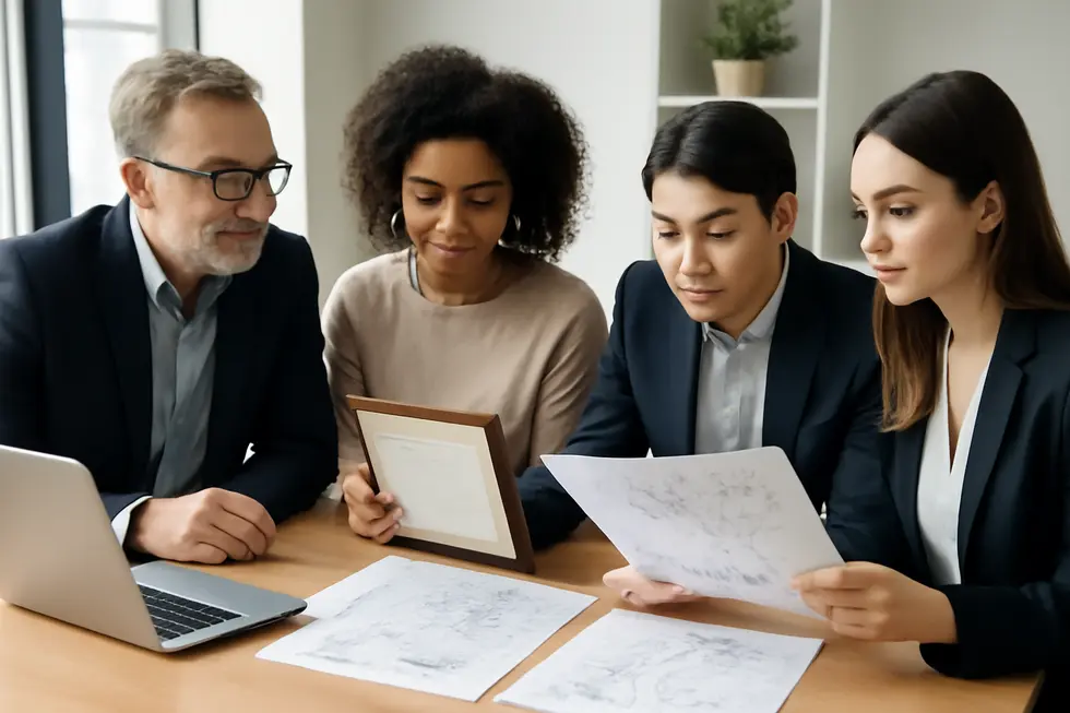 A group of diverse business professionals reviewing copyright and patent documents in a modern office environment.