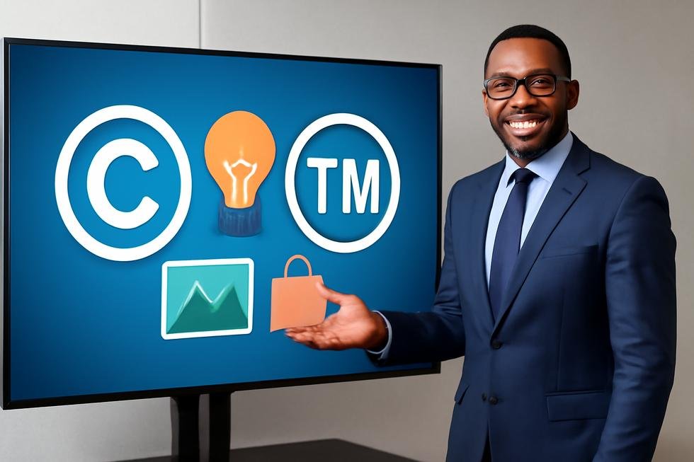 Business owner presenting digital screen with copyright and trademark symbols alongside creative works and branding elements.