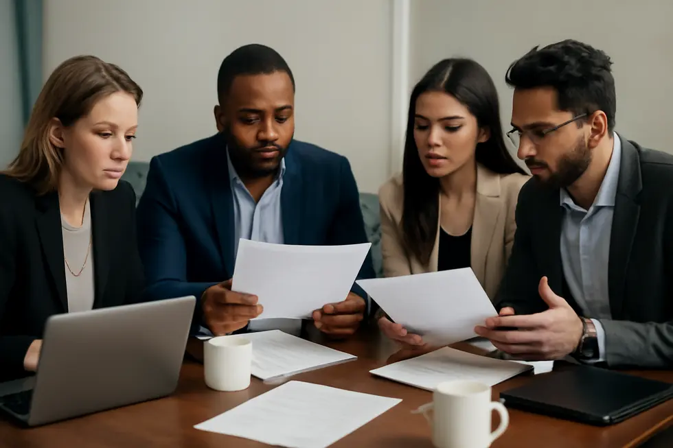 Group of business owners around a table reviewing legal documents on business name registration and trademark protection.