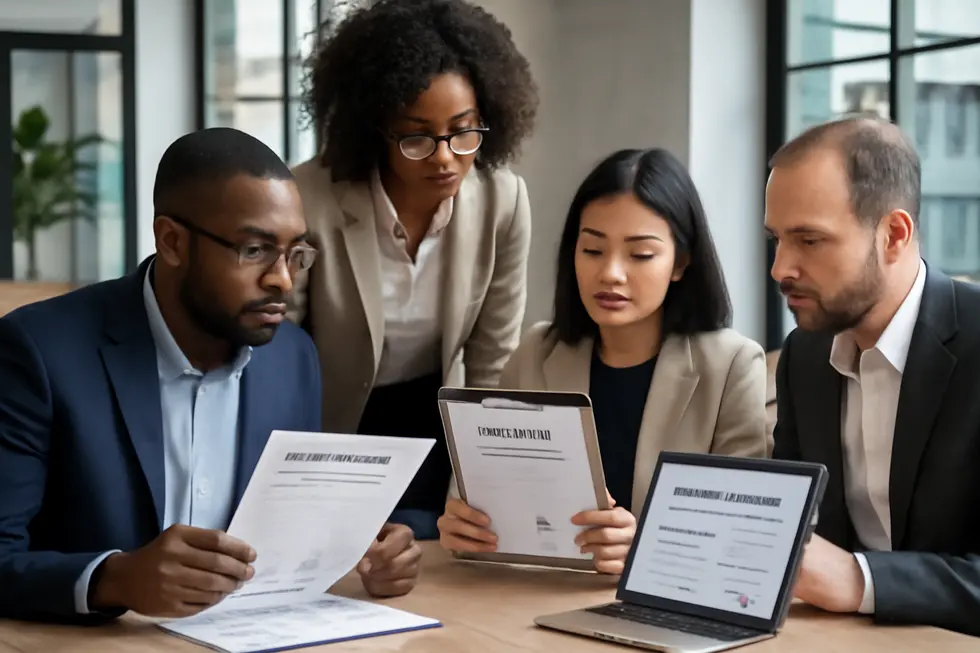Business owners analyzing registration forms and trademark certificates in a modern office representing comprehensive steps to protect business names.