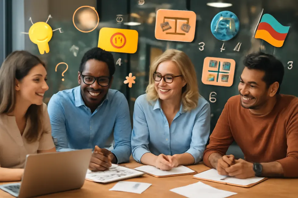 A diverse business team brainstorming around a table surrounded by visual elements of branding, legal paperwork, cultural symbols, and numerology.