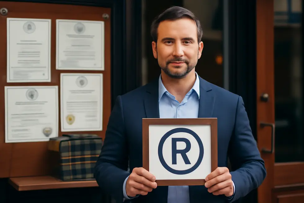 Confident business owner holding a trademark plaque in front of their registered business, with related certificates visible behind.