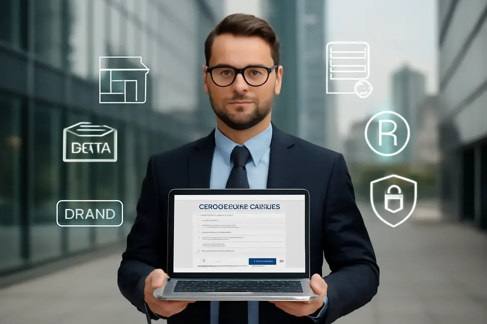 Business owner standing in front of a modern building with business registration and trademark symbols in the background