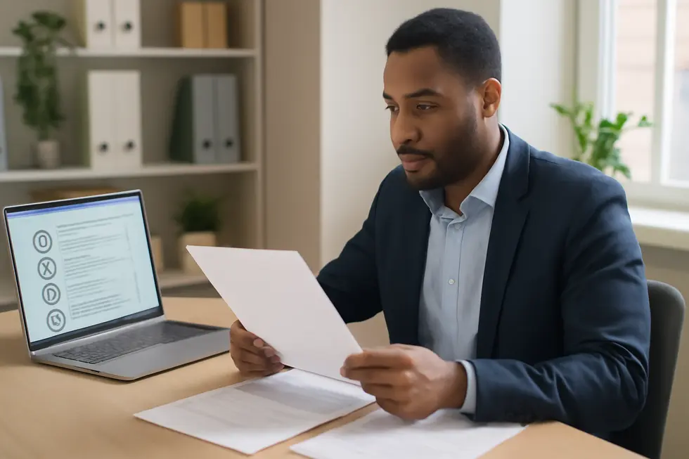 Confident entrepreneur using a laptop showing trademark search results in a bright modern office.