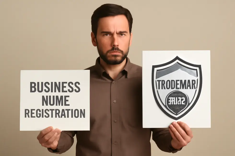 Visual contrast between registered business name and trademark protection.