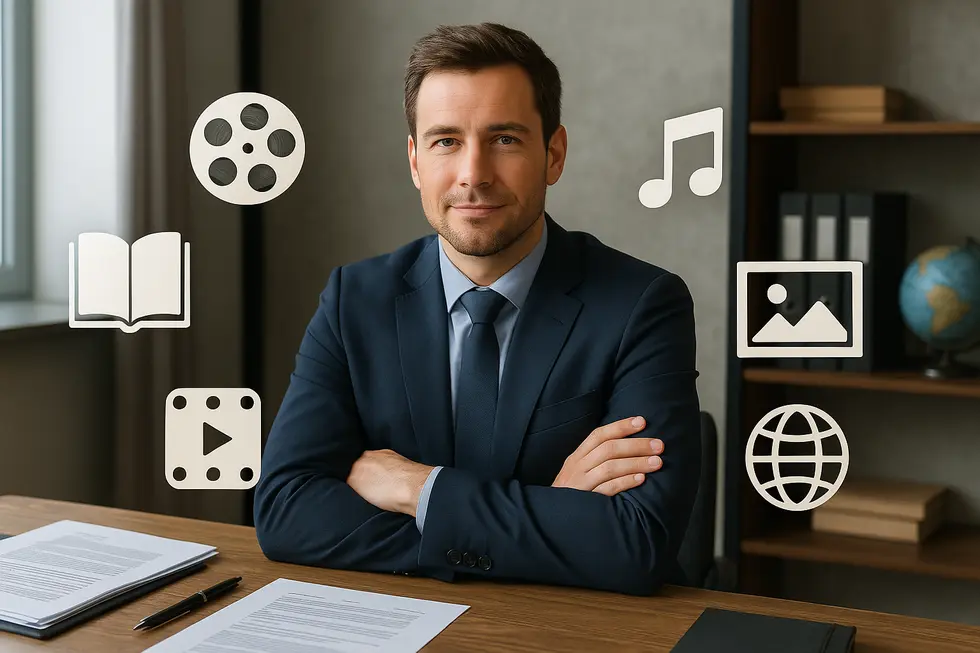 A business owner in a modern setting surrounded by icons representing each of the six exclusive copyright rights.