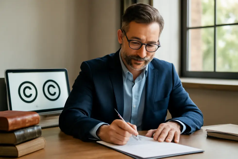 Business owner signing a contract with copyright symbols and legal books in a well-lit office