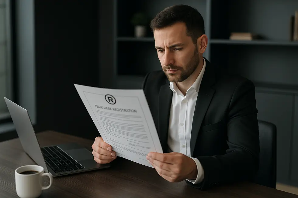 Business owner reviewing trademark options for brand protection.