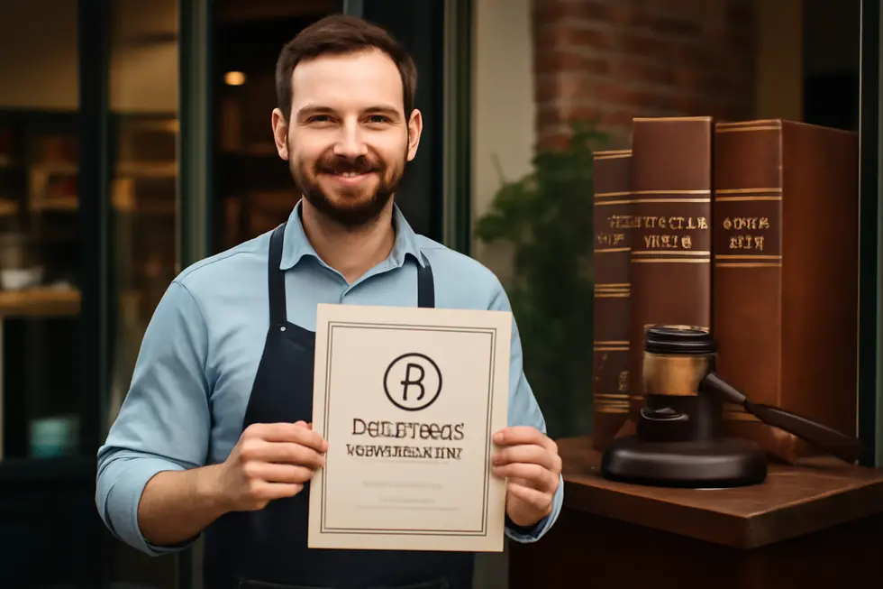 Confident business owner holding a trademark certificate in front of their store with legal symbols in the background.