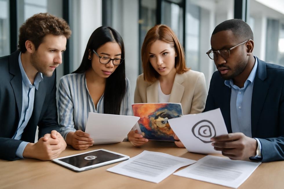 Group of professionals reviewing creative and legal materials in a modern office, emphasizing copyright protection.