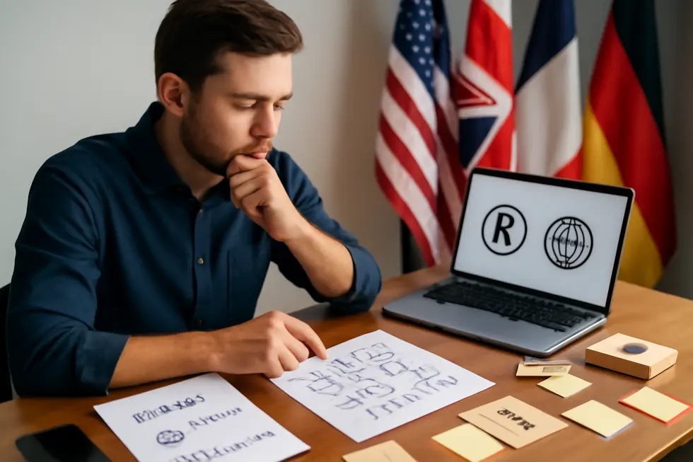 Person at desk reviewing branding, legal and cultural materials to select a business name.