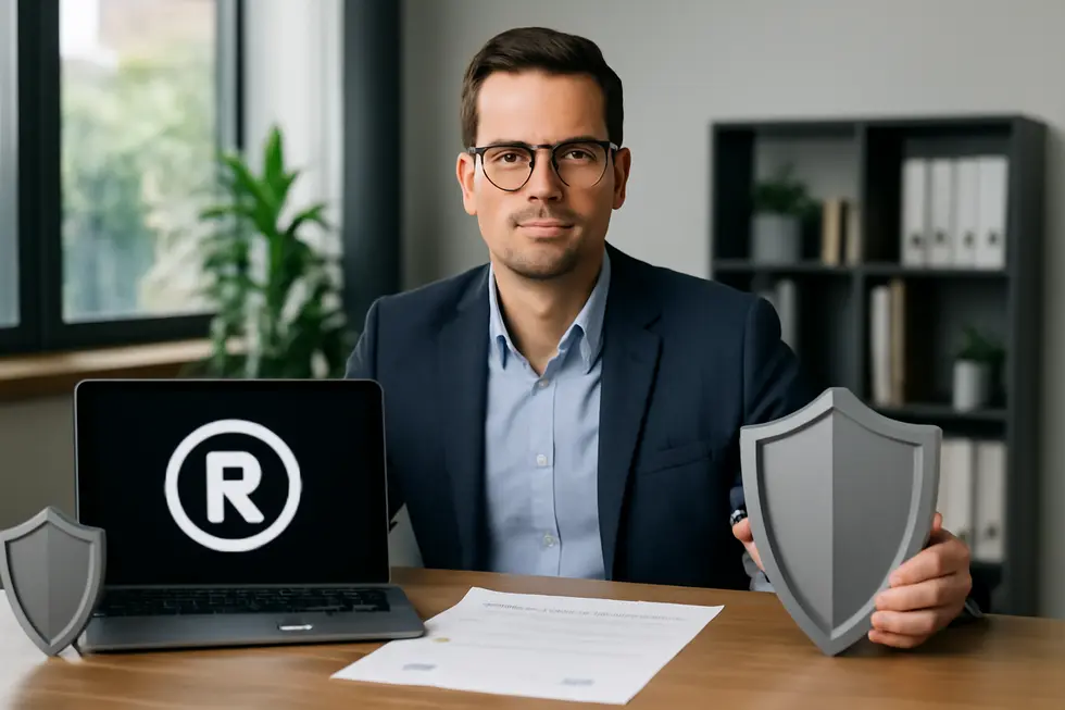 Business owner with trademark registration documents and logo displayed on laptop, symbolizing brand protection.