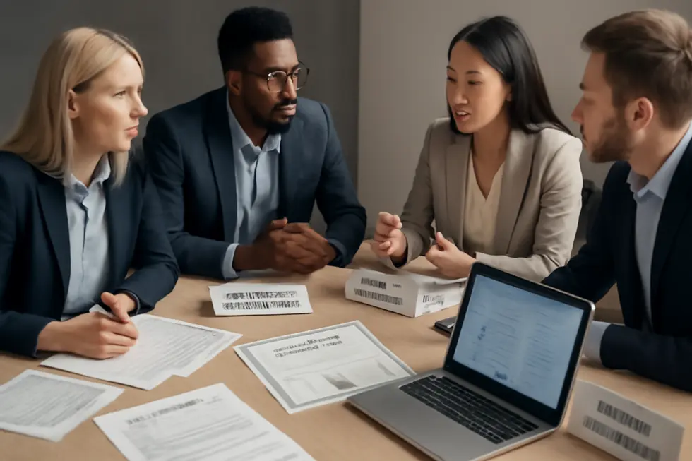 Group of diverse business owners around a table with trademark documents and laptops, discussing brand protection.
