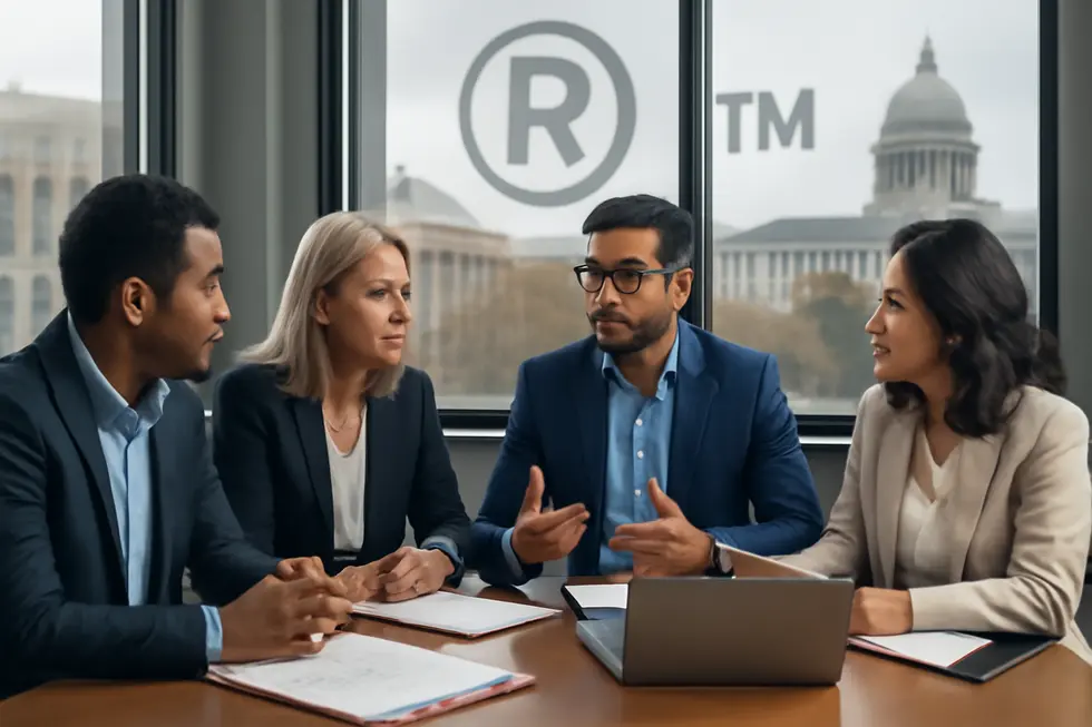 Group of diverse business owners analyzing legal documents and brand protection strategies