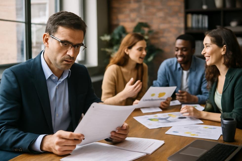 Business owner reviewing copyright documents and marketing team brainstorming copy in a professional office.