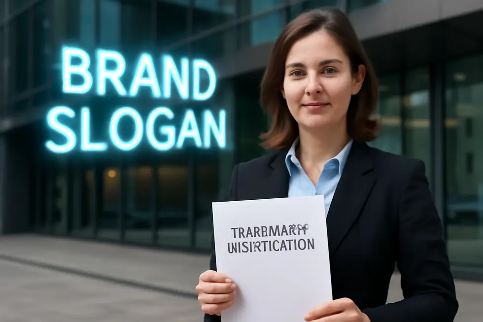 Business owner standing in front of an office building holding a trademark registration document, with a glowing slogan displayed digitally behind them.