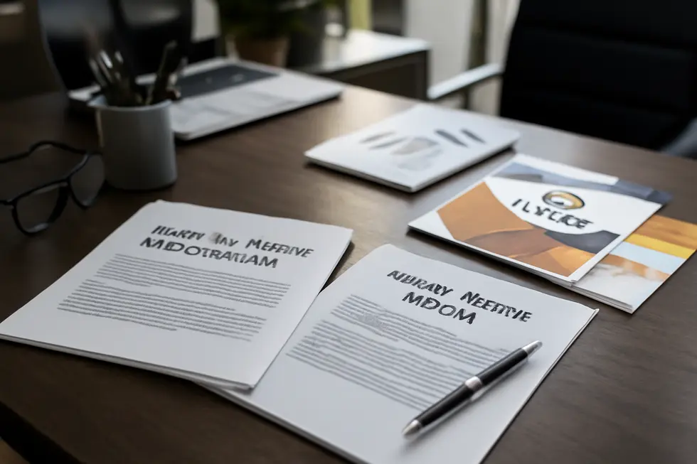 Office desk with legal business name and trade name registration papers alongside brand logos and marketing flyers.