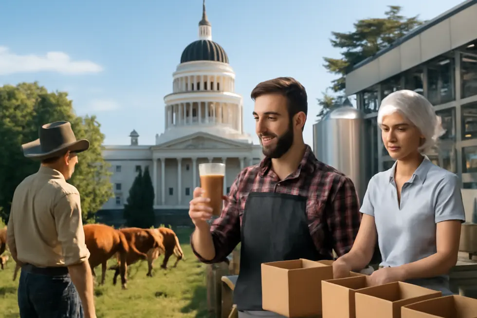 Wide view showing livestock branding, craft brewery, and packaging plant with California State Capitol illustrating brand registration in California.
