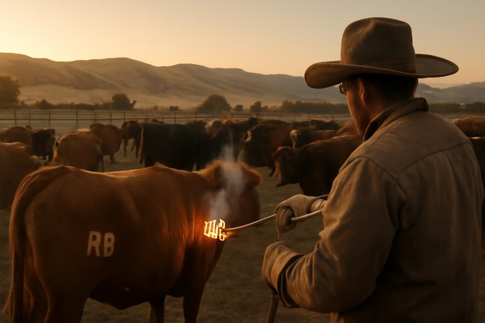 Rancher branding cattle in a fenced pasture at dawn with visible cattle brands and California hills in background.