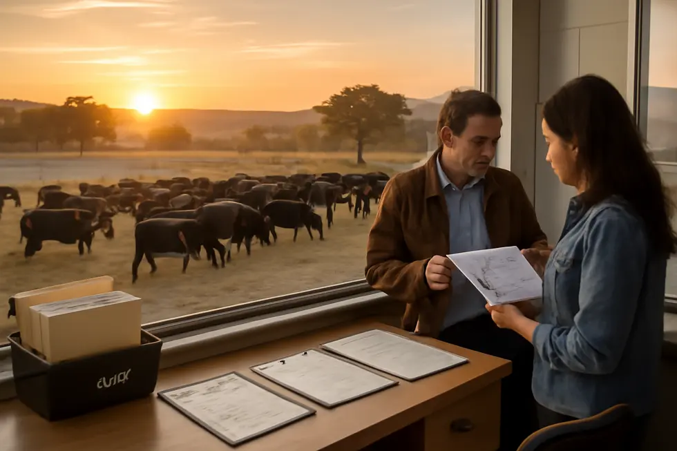 Expansive California ranch with livestock brands visible, CDFA office with brand certificates, and ranchers reviewing branding designs.