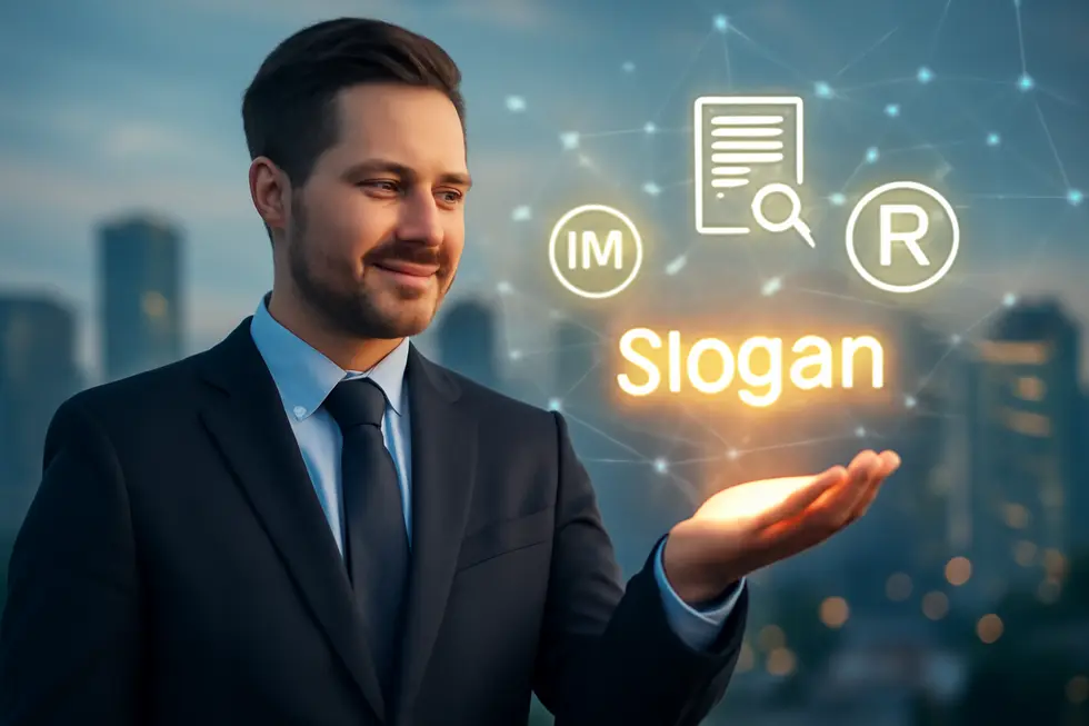 Business person holding a glowing slogan surrounded by trademark symbols and legal documents, representing slogan protection.