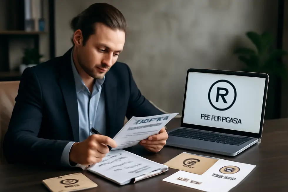 Business person at desk with IP documents and laptop displaying trademark approvals representing phrase protection strategies.