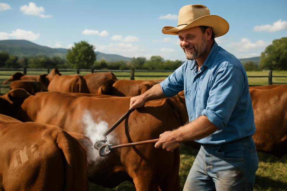 A cattle ranch owner applying registered brands to cattle with clear marks visible, emphasizing livestock ownership.