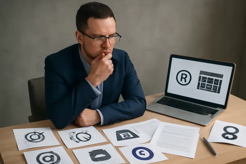 Business owner at desk examining branding materials, legal papers, and computer screens showing trademark and company name registries.