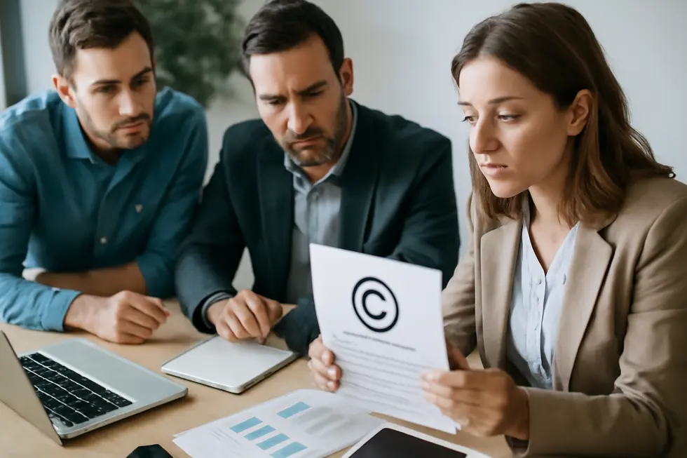 A business owner drafting a copyright statement with the essential elements: © symbol, year, and owner name.