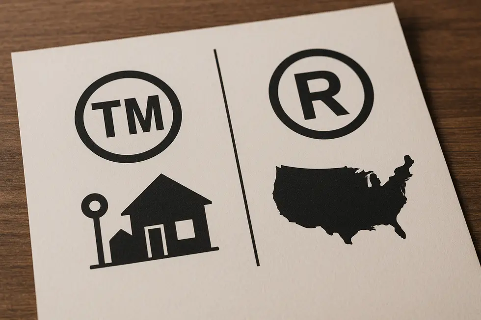 Business owner reviewing trademark options for brand protection.